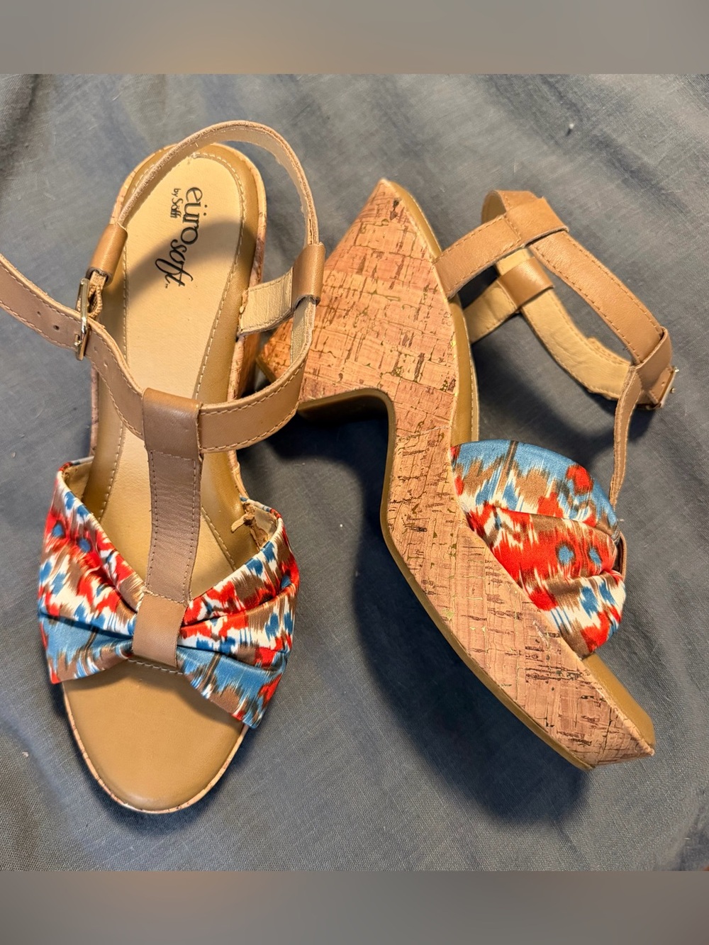 EuroSoft Tan Wedge Sandals with Red & Blue Bow Accent